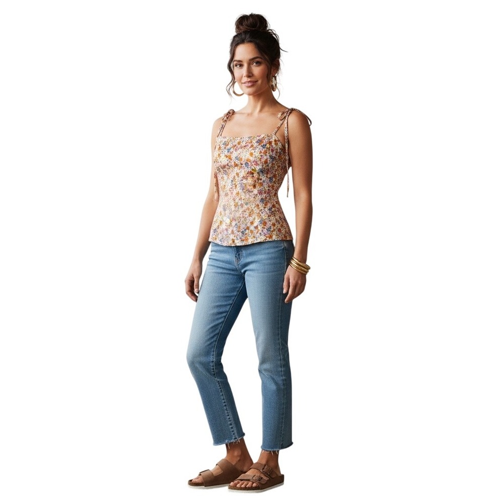 Topshop Ditsy Floral Cami Tank Tie Strap Satin Orange Coquette Flirty Size 12